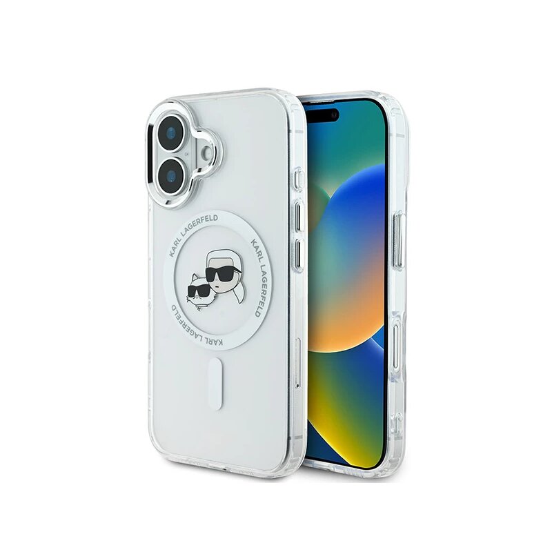 Husa iPhone 16 Plus Karl Lagerfeld IML MagSafe, Metal Karl&Choupette Head, alb, KLHMP16MHLSKCH