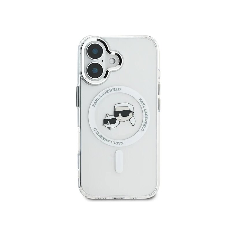Husa iPhone 16 Plus Karl Lagerfeld IML MagSafe, Metal Karl&Choupette Head, alb, KLHMP16MHLSKCH