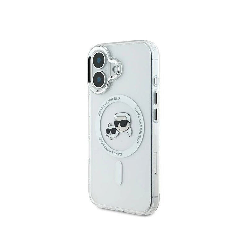 Husa iPhone 16 Plus Karl Lagerfeld IML MagSafe, Metal Karl&Choupette Head, alb, KLHMP16MHLSKCH