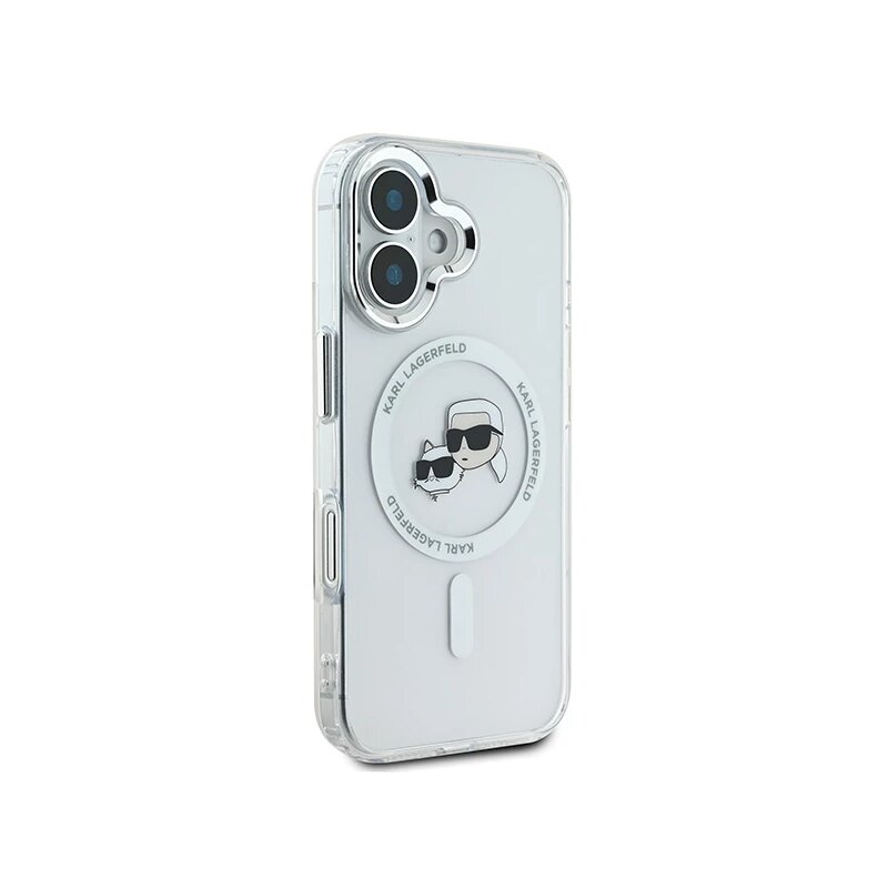 Husa iPhone 16 Plus Karl Lagerfeld IML MagSafe, Metal Karl&Choupette Head, alb, KLHMP16MHLSKCH