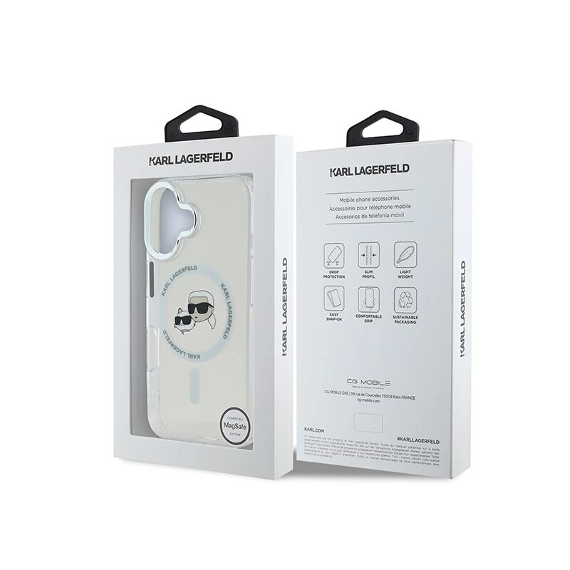 Husa iPhone 16 Plus Karl Lagerfeld IML MagSafe, Metal Karl&Choupette Head, alb, KLHMP16MHLSKCH