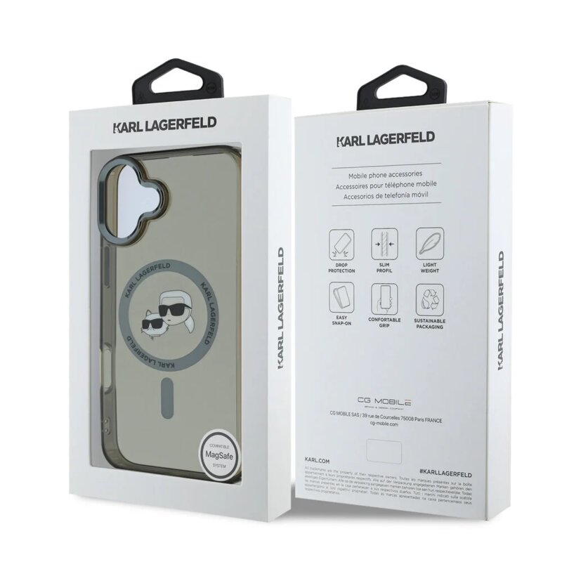 Husa iPhone 16 Plus Karl Lagerfeld IML MagSafe, Metal Karl&Choupette Head, negru, KLHMP16MHLSKCK