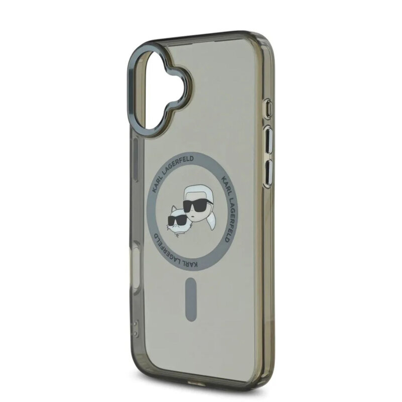 Husa iPhone 16 Karl Lagerfeld IML MagSafe, Metal Karl&Choupette Head, negru, KLHMP16SHLSKCK