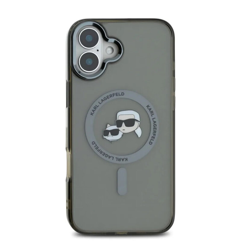 Husa iPhone 16 Karl Lagerfeld IML MagSafe, Metal Karl&Choupette Head, negru, KLHMP16SHLSKCK