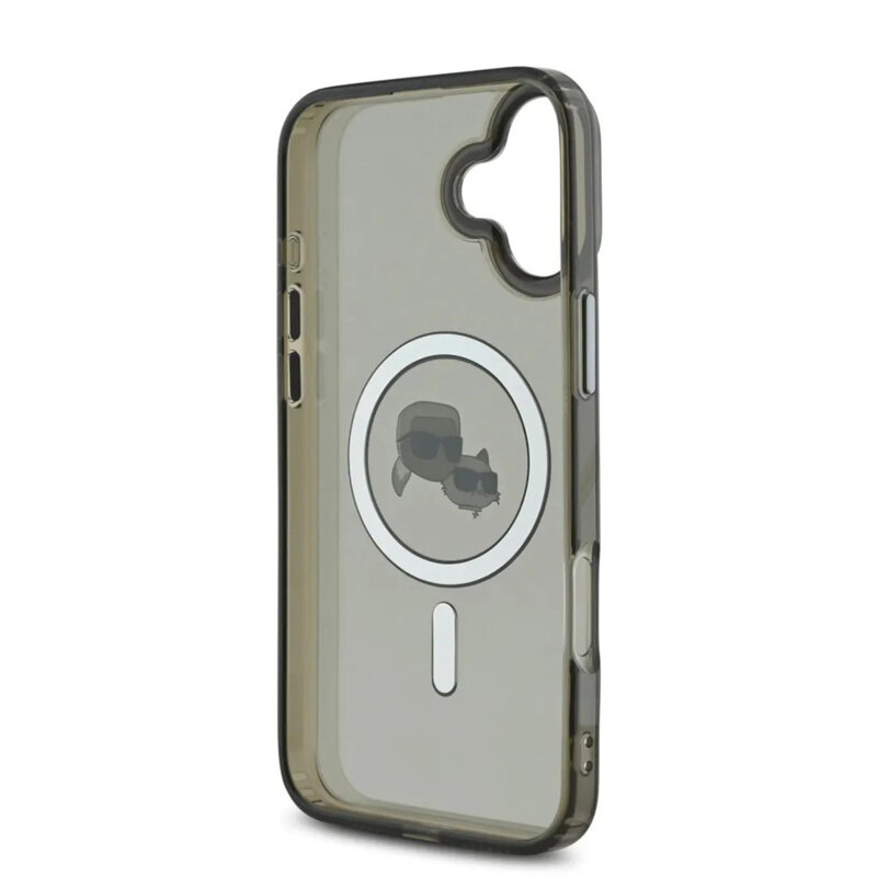 Husa iPhone 16 Karl Lagerfeld IML MagSafe, Metal Karl&Choupette Head, negru, KLHMP16SHLSKCK