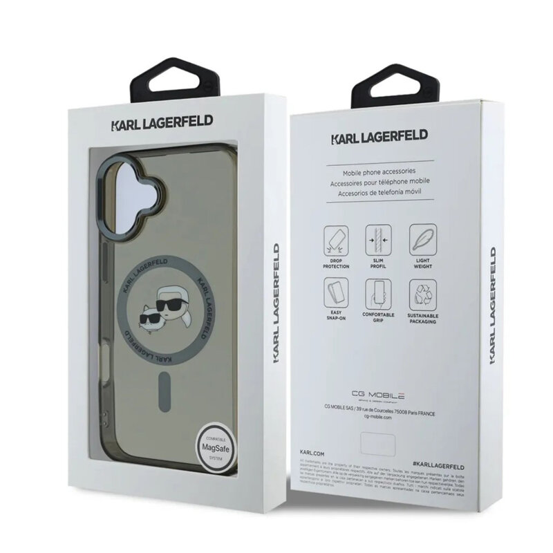 Husa iPhone 16 Karl Lagerfeld IML MagSafe, Metal Karl&Choupette Head, negru, KLHMP16SHLSKCK