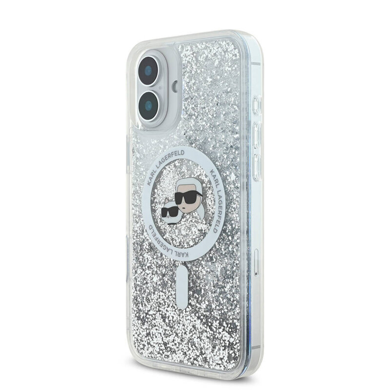 Husa Karl Lagerfeld iPhone 16 Glitter Liquid MagSafe, Karl&Choupette Head, transparent, KLHMP16SLGKCSGH