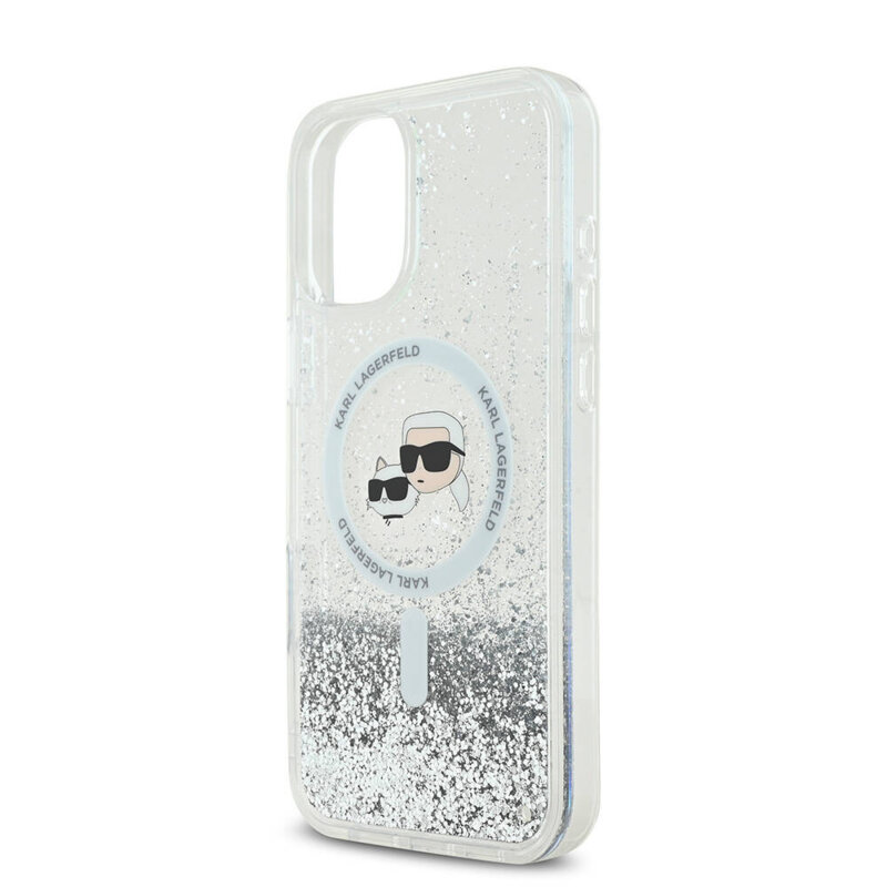 Husa Karl Lagerfeld iPhone 16 Glitter Liquid MagSafe, Karl&Choupette Head, transparent, KLHMP16SLGKCSGH