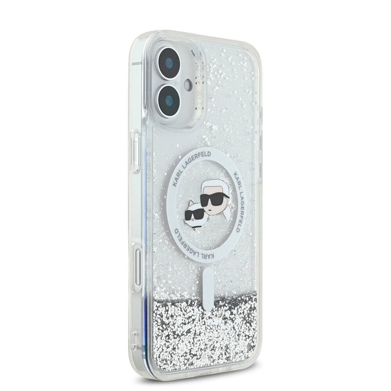 Husa Karl Lagerfeld iPhone 16 Glitter Liquid MagSafe, Karl&Choupette Head, transparent, KLHMP16SLGKCSGH
