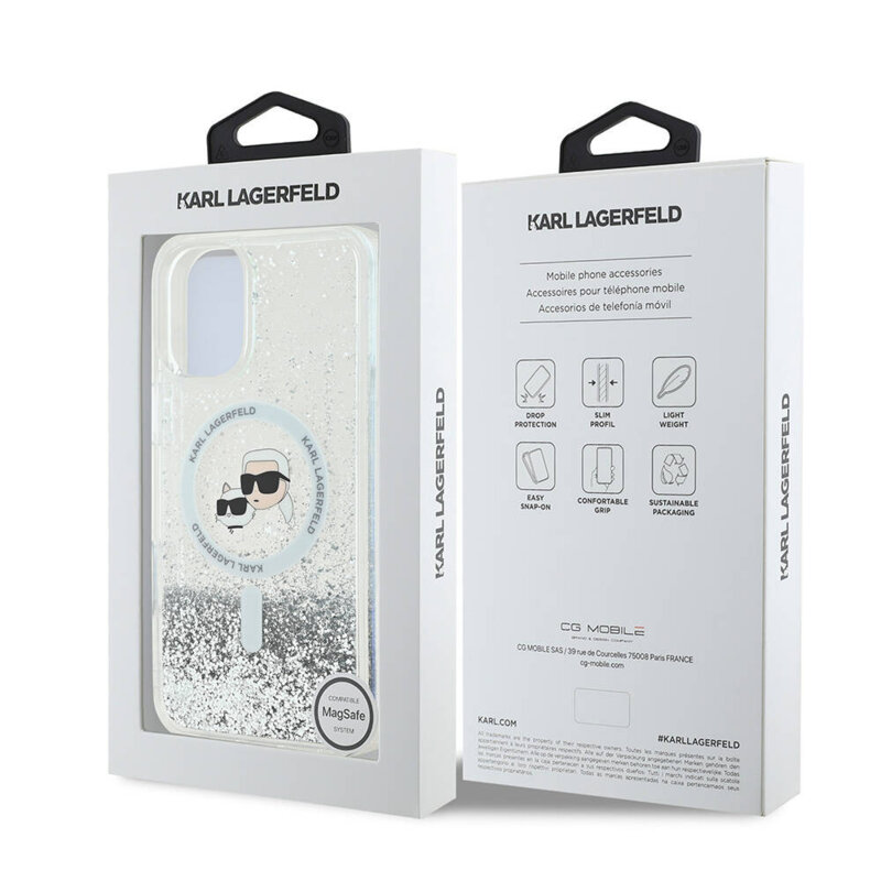 Husa Karl Lagerfeld iPhone 16 Glitter Liquid MagSafe, Karl&Choupette Head, transparent, KLHMP16SLGKCSGH
