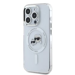 Husa iPhone 16 Pro Max Karl Lagerfeld IML MagSafe, Metal Karl&Choupette Head, alb, KLHMP16XHLSKCH