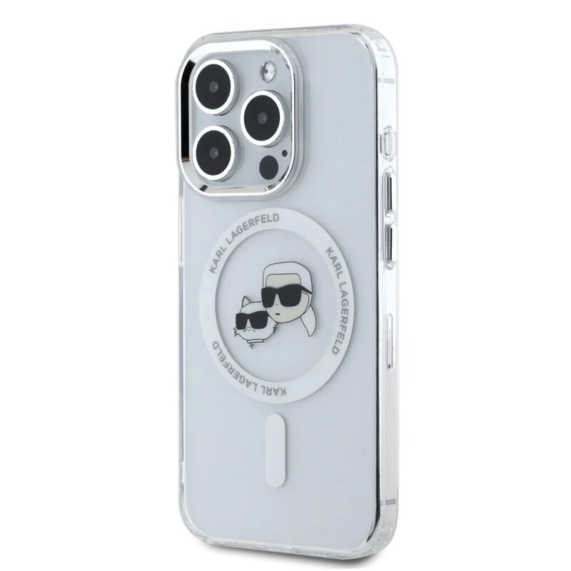 Husa iPhone 16 Pro Max Karl Lagerfeld IML MagSafe, Metal Karl&Choupette Head, alb, KLHMP16XHLSKCH
