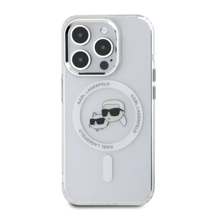Husa iPhone 16 Pro Max Karl Lagerfeld IML MagSafe, Metal Karl&Choupette Head, alb, KLHMP16XHLSKCH