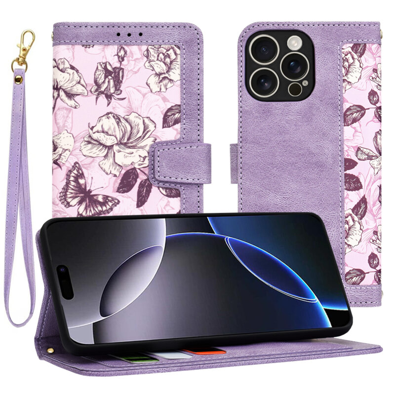 Husa personalizata fete iPhone 16 Pro Max Techsuit FlipCraft, mov