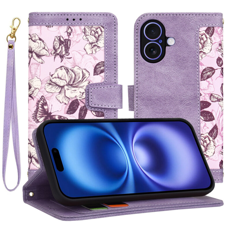 Husa personalizata fete iPhone 16 Techsuit FlipCraft, mov
