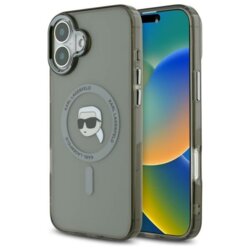 Husa iPhone 16 Plus Karl Lagerfeld IML MagSafe, Karl`s Head, negru, KLHMP16MHLSKIK