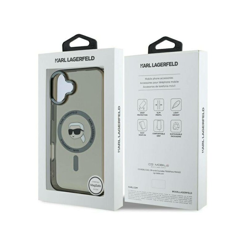 Husa iPhone 16 Plus Karl Lagerfeld IML MagSafe, Karl`s Head, negru, KLHMP16MHLSKIK