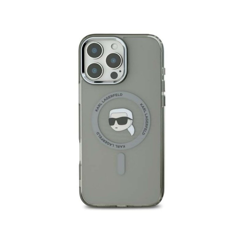Husa iPhone 16 Pro Karl Lagerfeld IML MagSafe, Metal Karl`s Head, negru, KLHMP16LHLSKIK