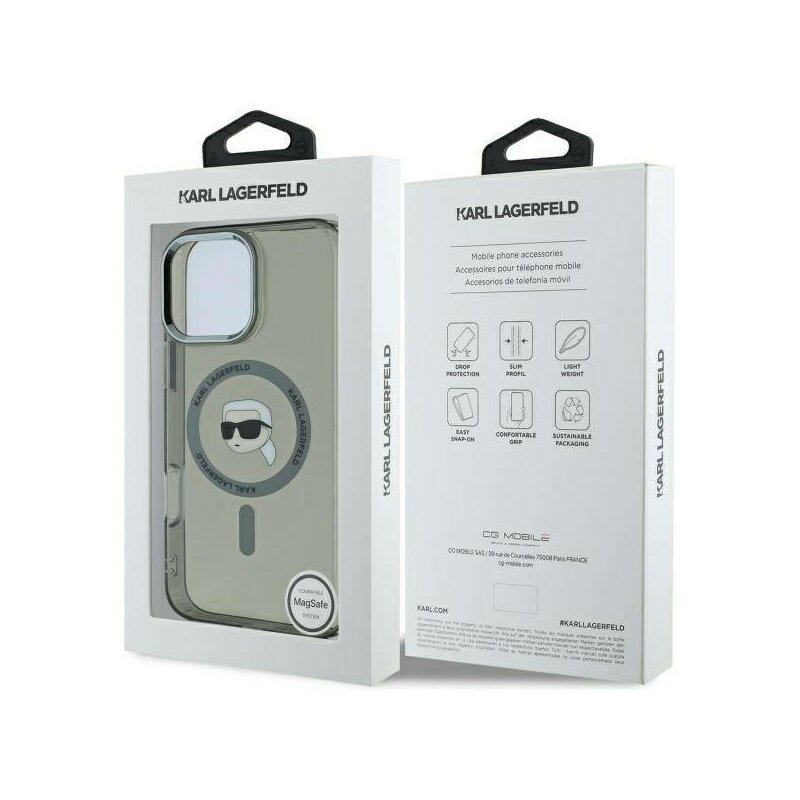 Husa iPhone 16 Pro Karl Lagerfeld IML MagSafe, Metal Karl`s Head, negru, KLHMP16LHLSKIK