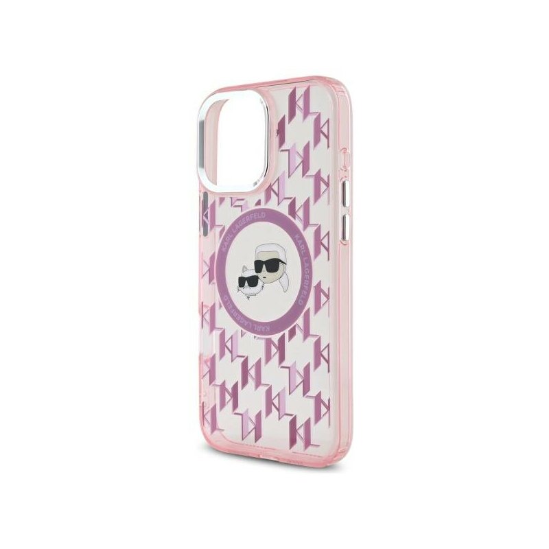 Husa iPhone 16 Pro Max Karl Lagerfeld IML MagSafe, Monogram Karl&Choupette Head, roz, KLHMP16XHMCKMHP