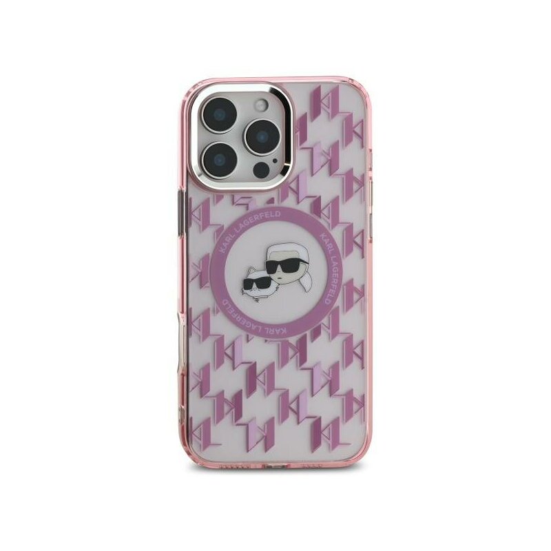 Husa iPhone 16 Pro Max Karl Lagerfeld IML MagSafe, Monogram Karl&Choupette Head, roz, KLHMP16XHMCKMHP