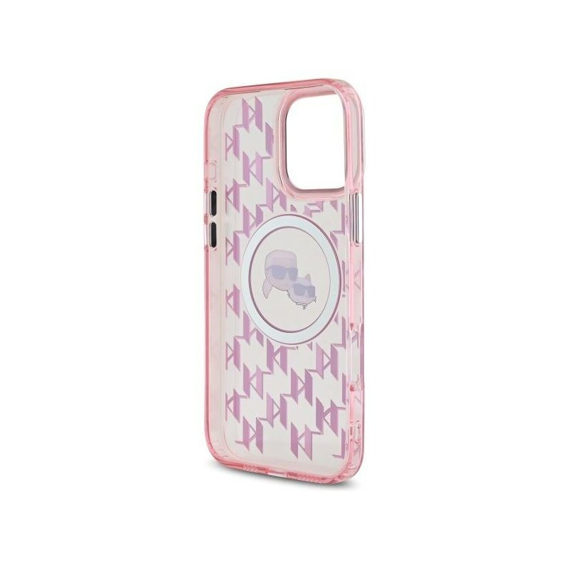 Husa iPhone 16 Pro Max Karl Lagerfeld IML MagSafe, Monogram Karl&Choupette Head, roz, KLHMP16XHMCKMHP
