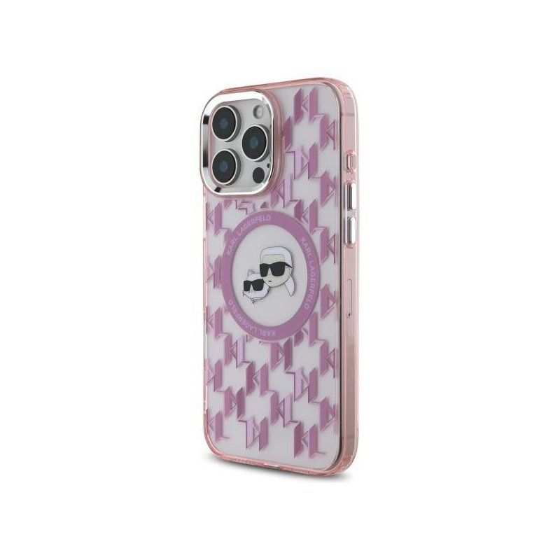 Husa iPhone 16 Pro Max Karl Lagerfeld IML MagSafe, Monogram Karl&Choupette Head, roz, KLHMP16XHMCKMHP