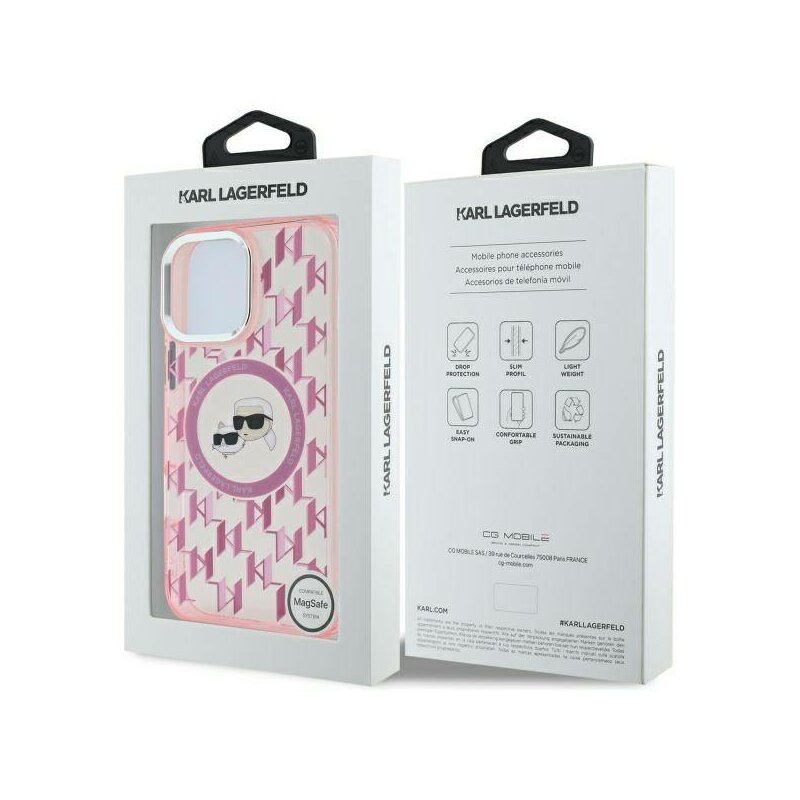 Husa iPhone 16 Pro Max Karl Lagerfeld IML MagSafe, Monogram Karl&Choupette Head, roz, KLHMP16XHMCKMHP