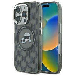 Husa iPhone 16 Pro Max Karl Lagerfeld IML MagSafe, Monogram Karl&Choupette Head, negru, KLHMP16XHMCKMHK
