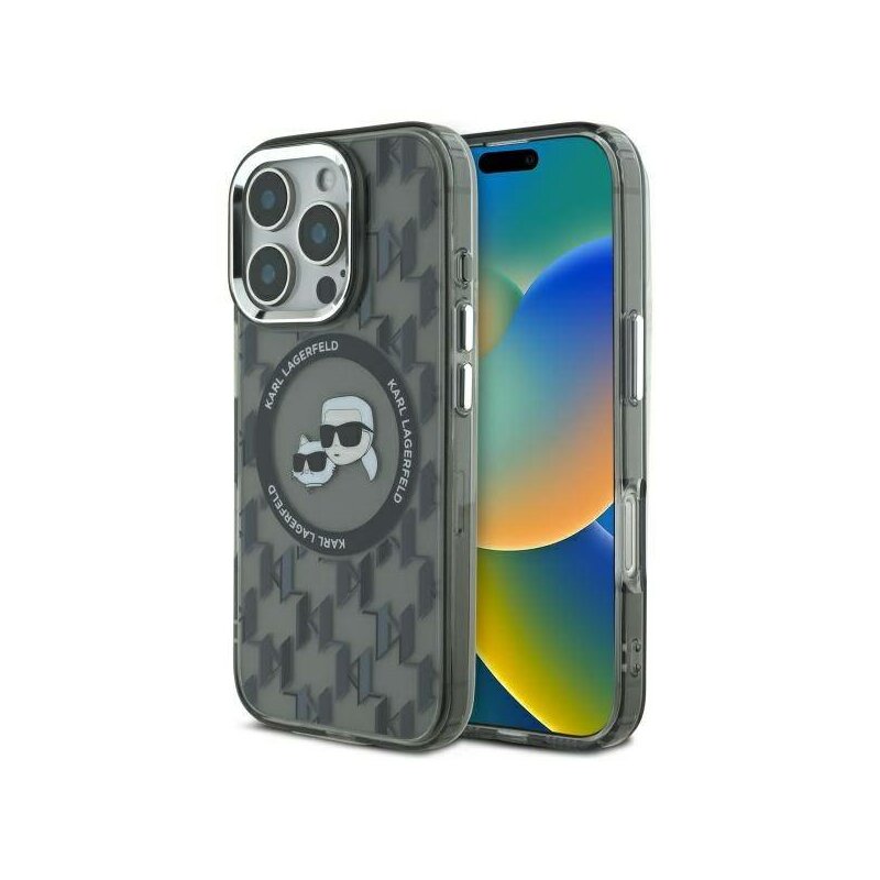 Husa iPhone 16 Pro Max Karl Lagerfeld IML MagSafe, Monogram Karl&Choupette Head, negru, KLHMP16XHMCKMHK