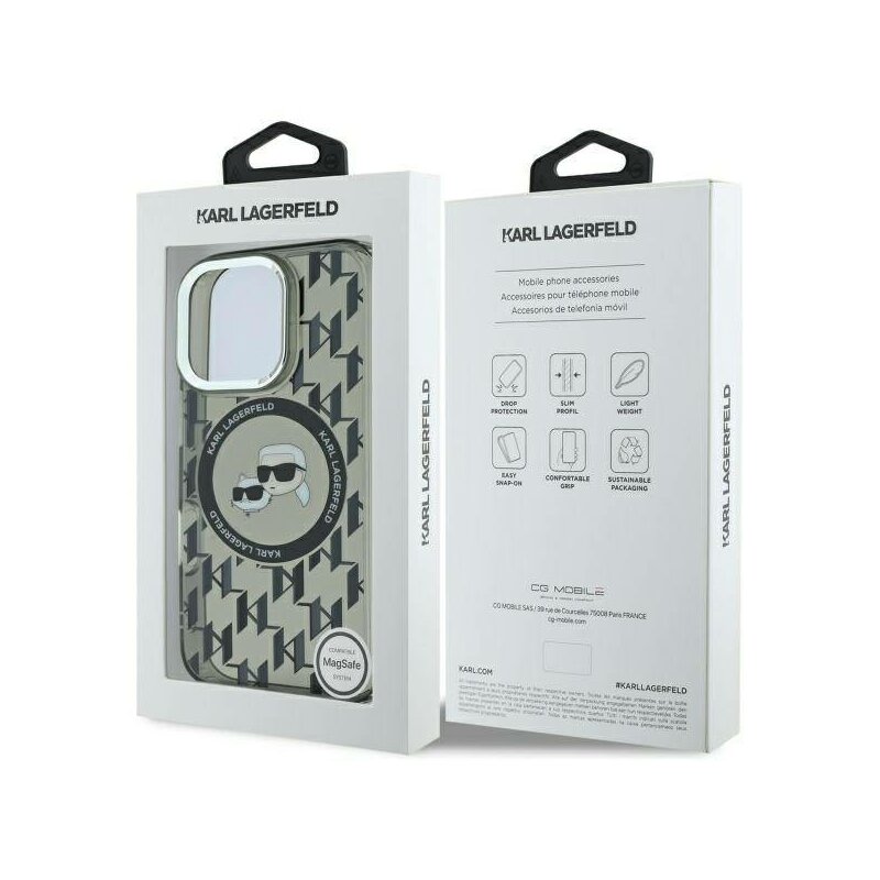 Husa iPhone 16 Pro Max Karl Lagerfeld IML MagSafe, Monogram Karl&Choupette Head, negru, KLHMP16XHMCKMHK