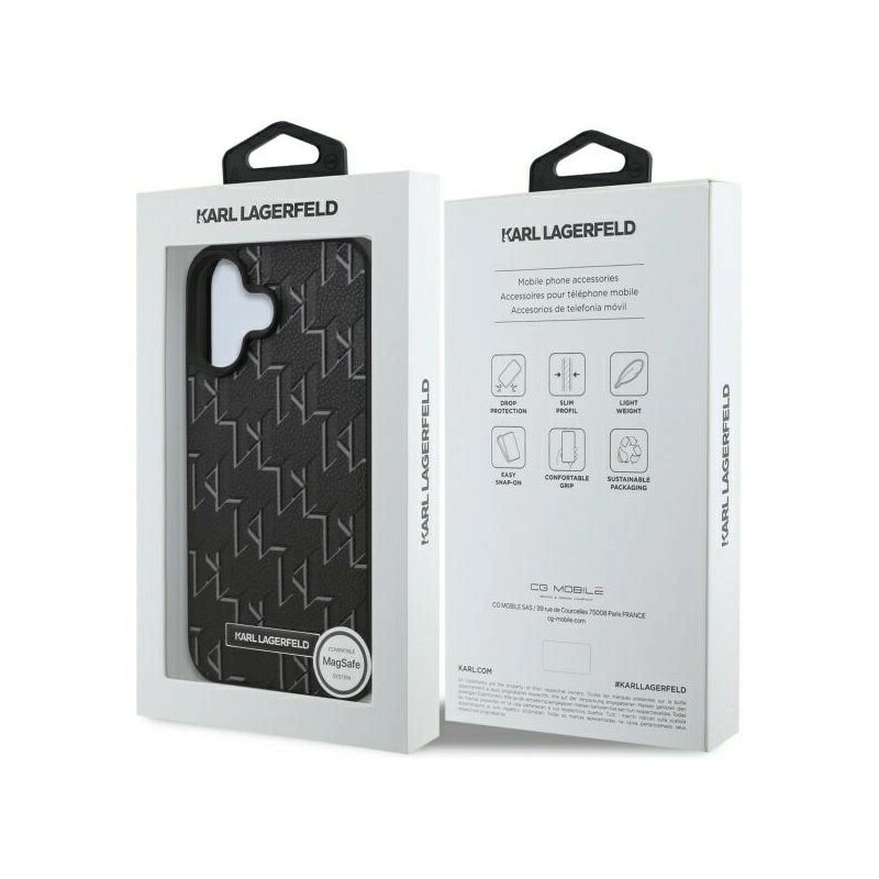 Husa iPhone 16 Karl Lagerfeld Leather MagSafe, Hot Stamp, negru, KLHMP16SPKHPORPK