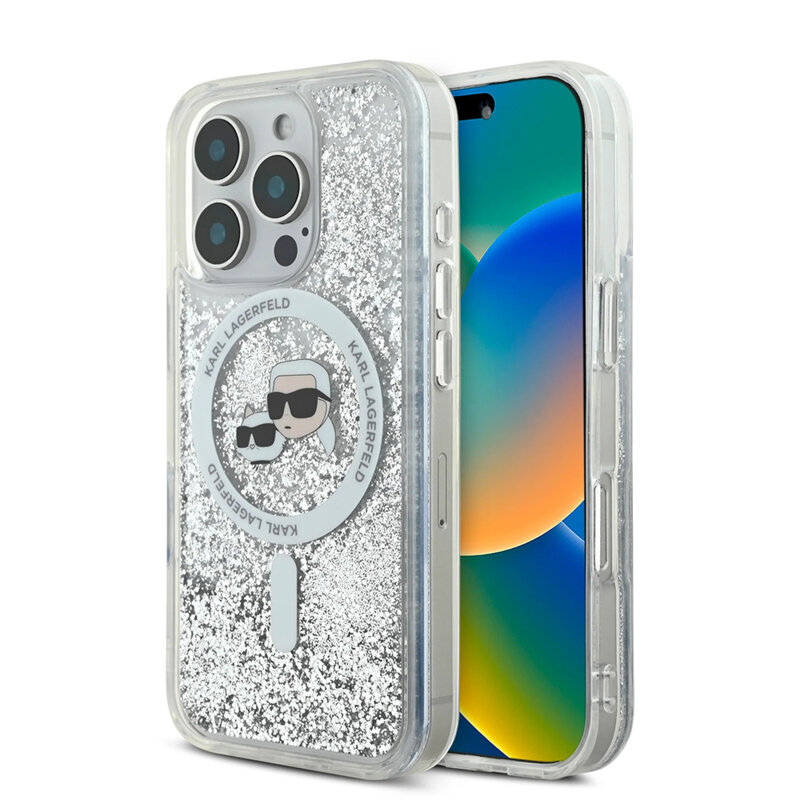 Husa Karl Lagerfeld iPhone 16 Pro Max Liquid Glitter MagSafe, Karl&Choupette Head, clear, KLHMP16XLGKCSGH