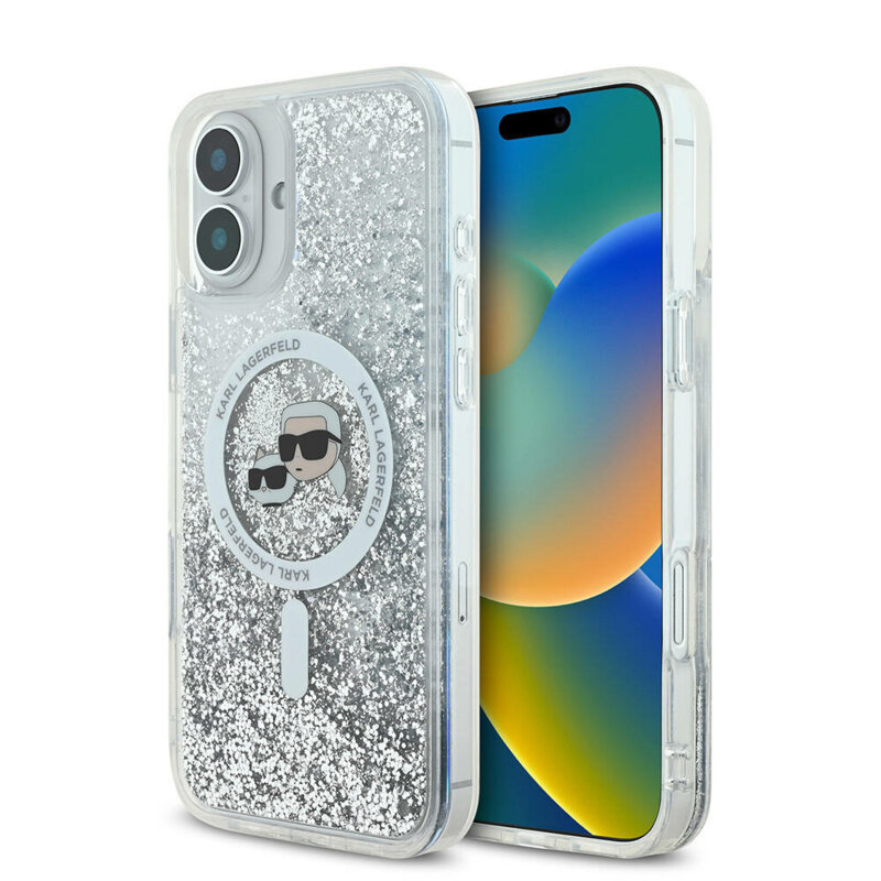 Husa Karl Lagerfeld iPhone 16 Plus Liquid Glitter MagSafe, Karl&Choupette Head, transparent, KLHMP16MLGKCSGH