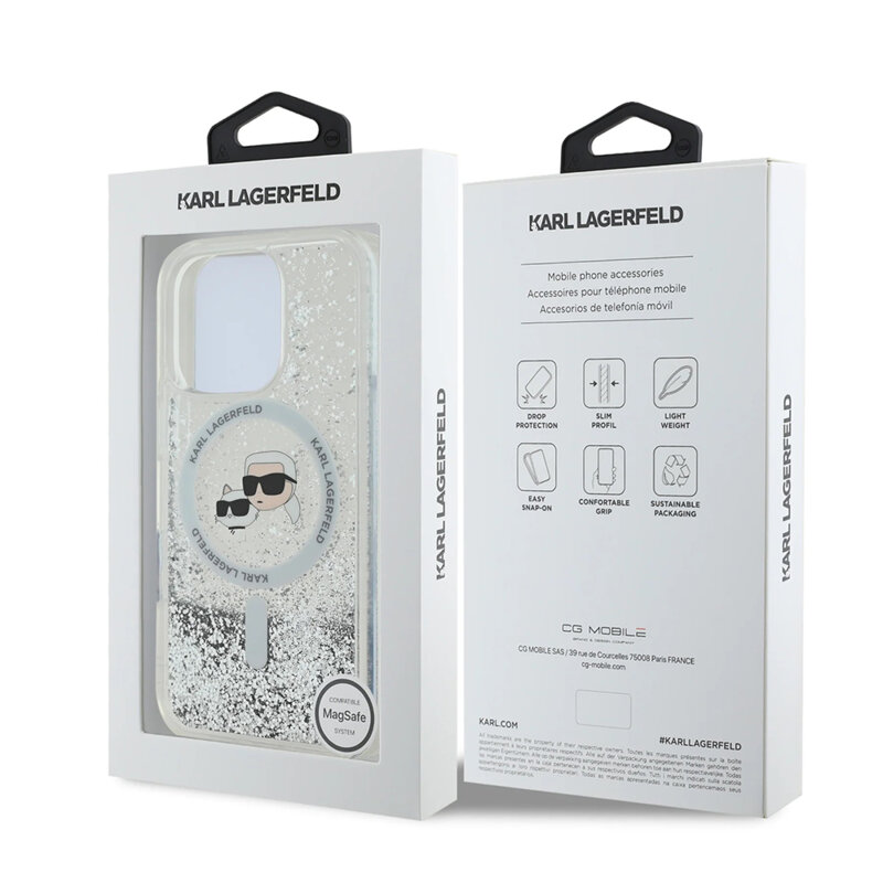 Husa Karl Lagerfeld iPhone 16 Pro Liquid Glitter MagSafe, Karl&Choupette Head, clear, KLHMP16LLGKCSGH