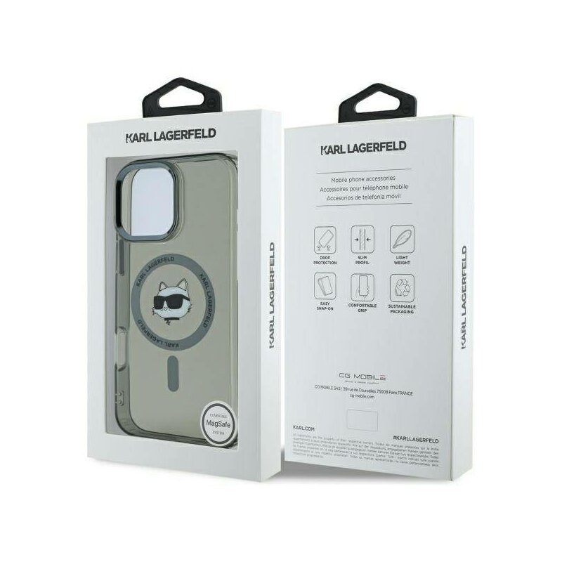 Husa iPhone 16 Pro Karl Lagerfeld IML MagSafe, Metal Choupette`s Head, negru, KLHMP16LHLSCHK