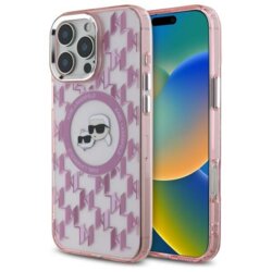 Husa iPhone 16 Pro Karl Lagerfeld IML MagSafe, Monogram Karl&Choupette Head, roz, KLHMP16LHMCKMHP