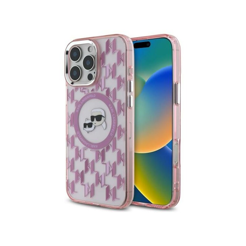 Husa iPhone 16 Pro Karl Lagerfeld IML MagSafe, Monogram Karl&Choupette Head, roz, KLHMP16LHMCKMHP