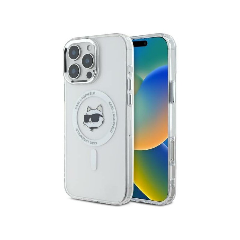 Husa iPhone 16 Pro Karl Lagerfeld IML MagSafe, Metal Choupette`s Head, alb, KLHMP16LHLSCHH