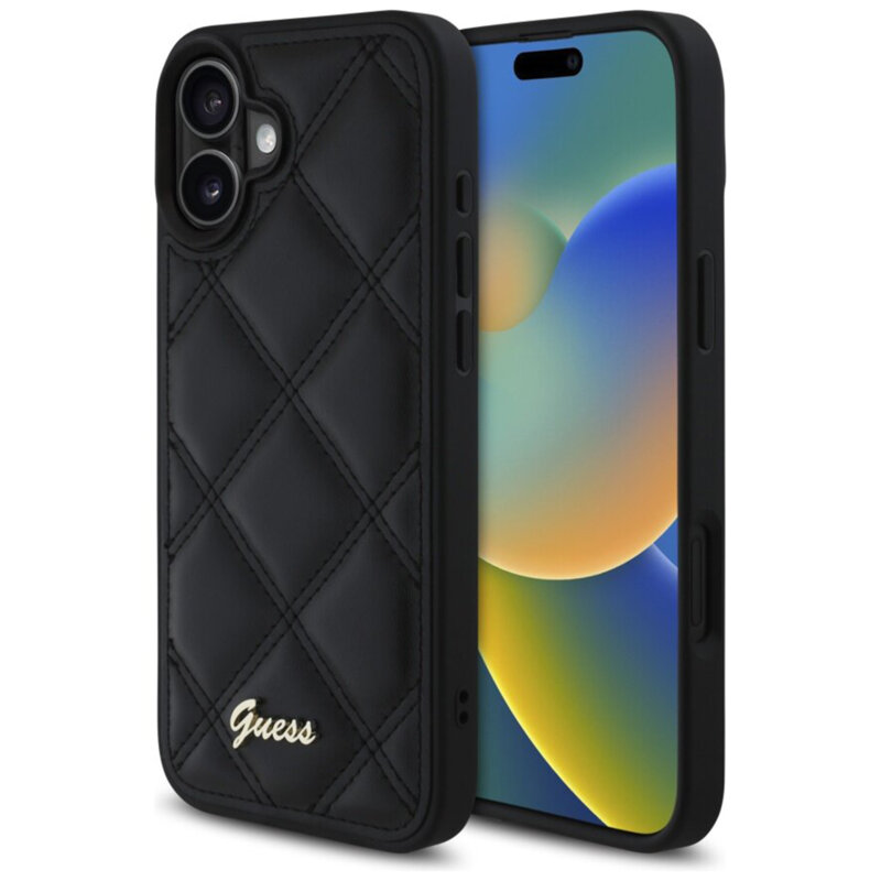 Husa originala Guess Quilted Metal Logo iPhone 16 Plus, negru, GUHCP16MPSQSQSK