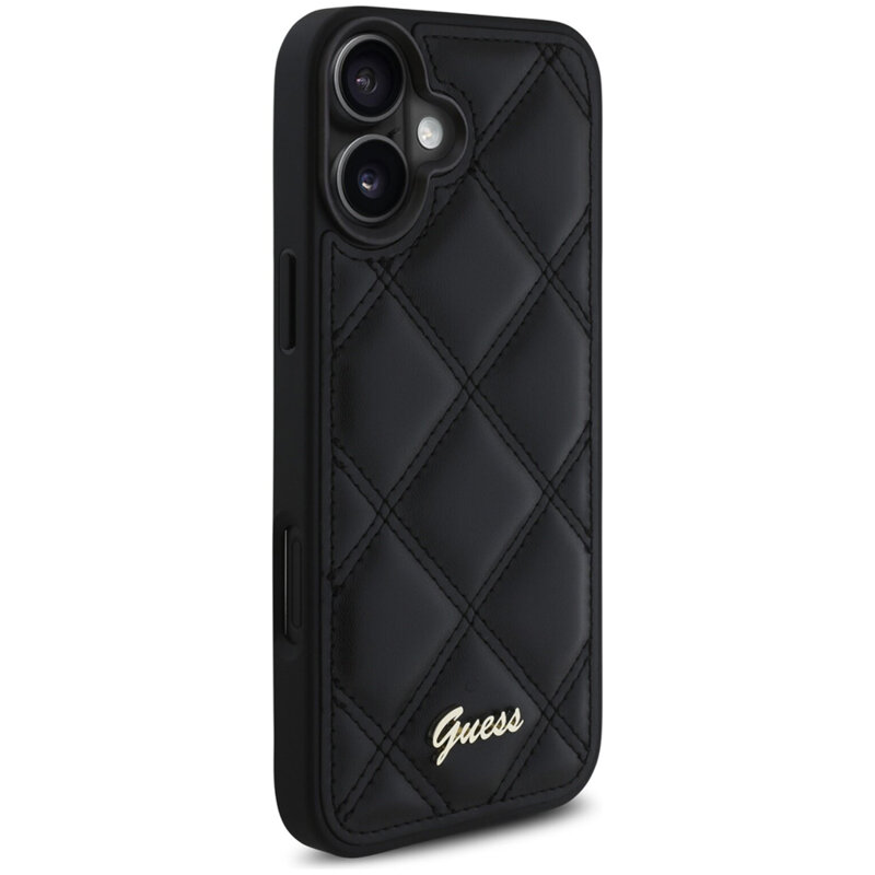 Husa originala Guess Quilted Metal Logo iPhone 16 Plus, negru, GUHCP16MPSQSQSK