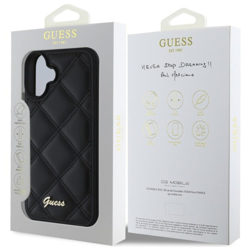 Husa originala Guess Quilted Metal Logo iPhone 16 Plus, negru, GUHCP16MPSQSQSK