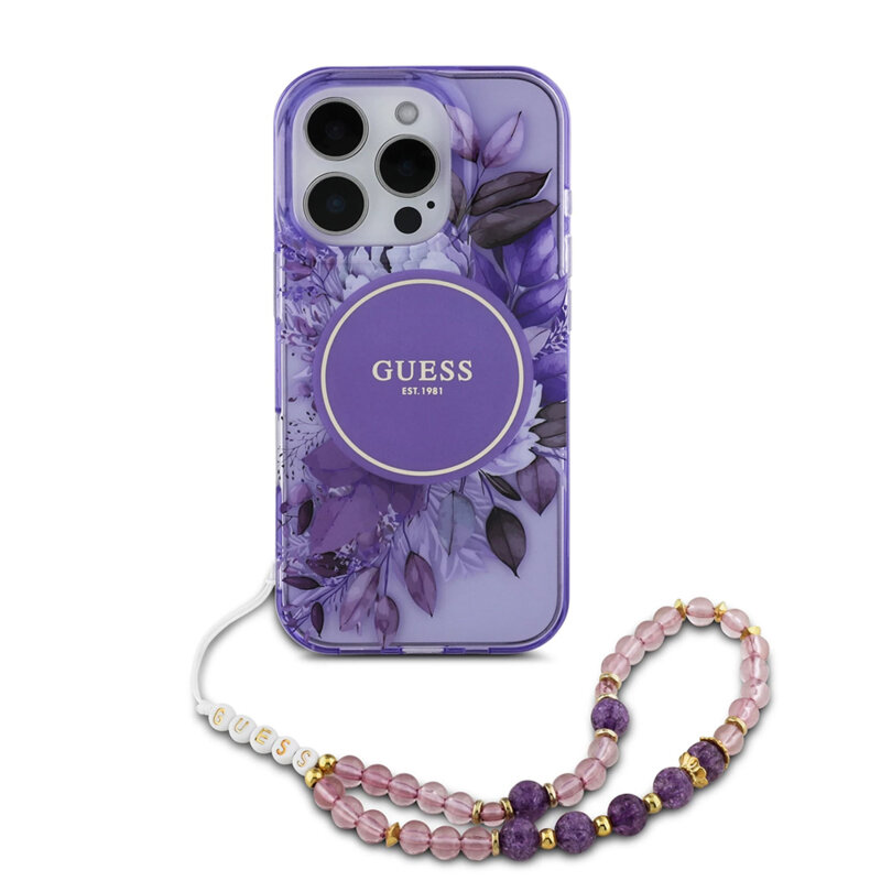 Husa iPhone 16 Pro Max originala Guess IML Flowers with Pearl Strap MagSafe, mov, GUHMP16XHFWBRCESU