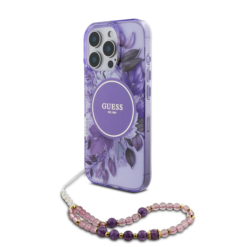 Husa iPhone 16 Pro Max originala Guess IML Flowers with Pearl Strap MagSafe, mov, GUHMP16XHFWBRCESU