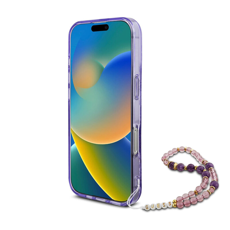 Husa iPhone 16 Pro Max originala Guess IML Flowers with Pearl Strap MagSafe, mov, GUHMP16XHFWBRCESU