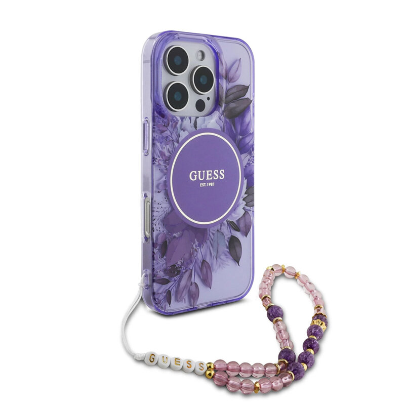 Husa iPhone 16 Pro Max originala Guess IML Flowers with Pearl Strap MagSafe, mov, GUHMP16XHFWBRCESU