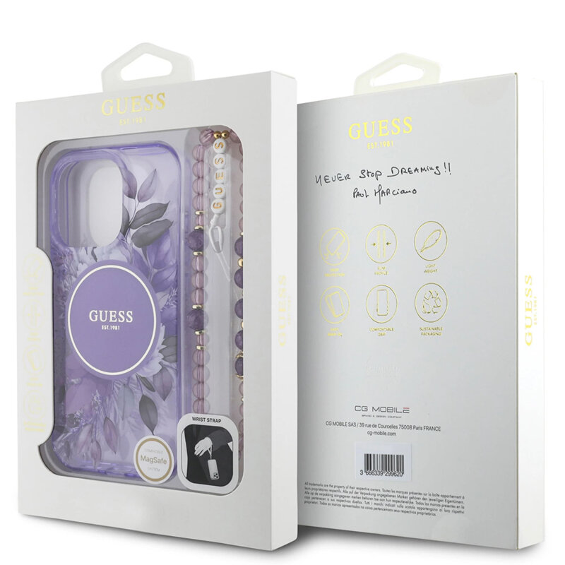Husa iPhone 16 Pro Max originala Guess IML Flowers with Pearl Strap MagSafe, mov, GUHMP16XHFWBRCESU