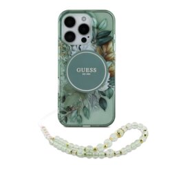 Husa iPhone 16 Pro originala Guess IML Flowers with Pearl Strap MagSafe, verde, GUHMP16LHFWBRCESN