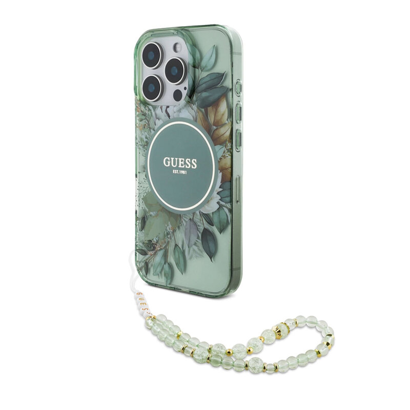Husa iPhone 16 Pro originala Guess IML Flowers with Pearl Strap MagSafe, verde, GUHMP16LHFWBRCESN