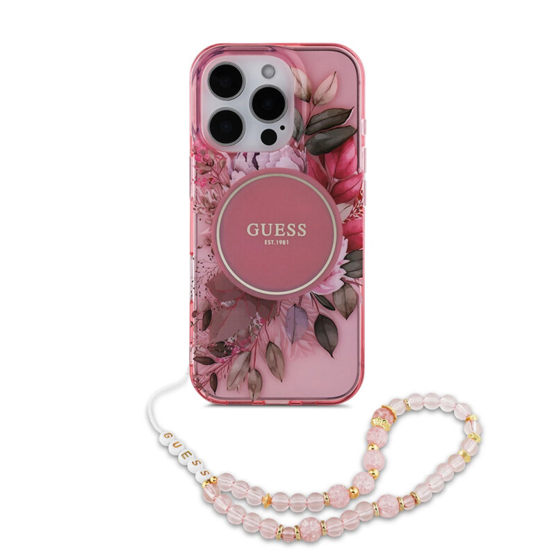 Husa iPhone 16 Pro Max originala Guess IML Flowers with Pearl Strap MagSafe, roz, GUHMP16XHFWBRCESP